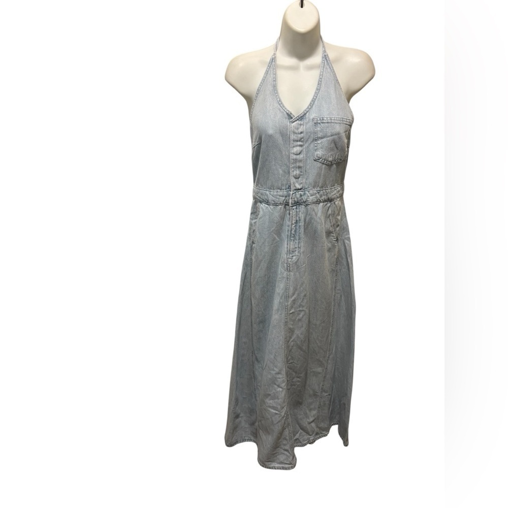 Universal Thread Halter Neck Denim Maxi Dress Pockets Light Wash Blue Sz 4